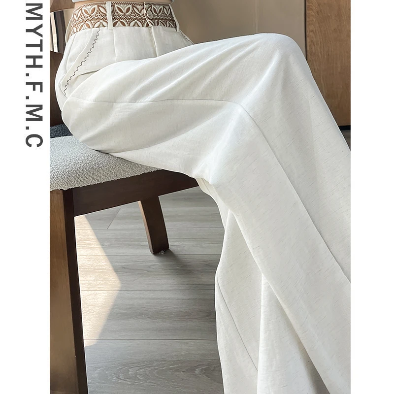 白色亚麻山本西装裤子女夏季薄款2025新款高腰宽松直筒冰丝阔腿裤