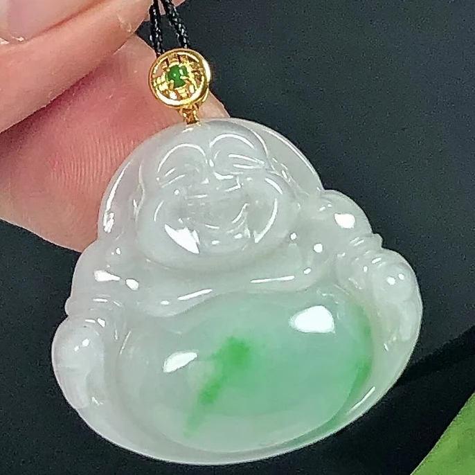 18k金扣镶嵌缅甸天然翡翠A货飘阳绿佛公吊坠精美气质正品玉佛挂坠