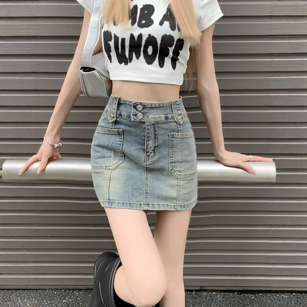 复古牛仔半身裙女辣妹裤裙夏季短裙新款小个子a字包臀裙短款裙子