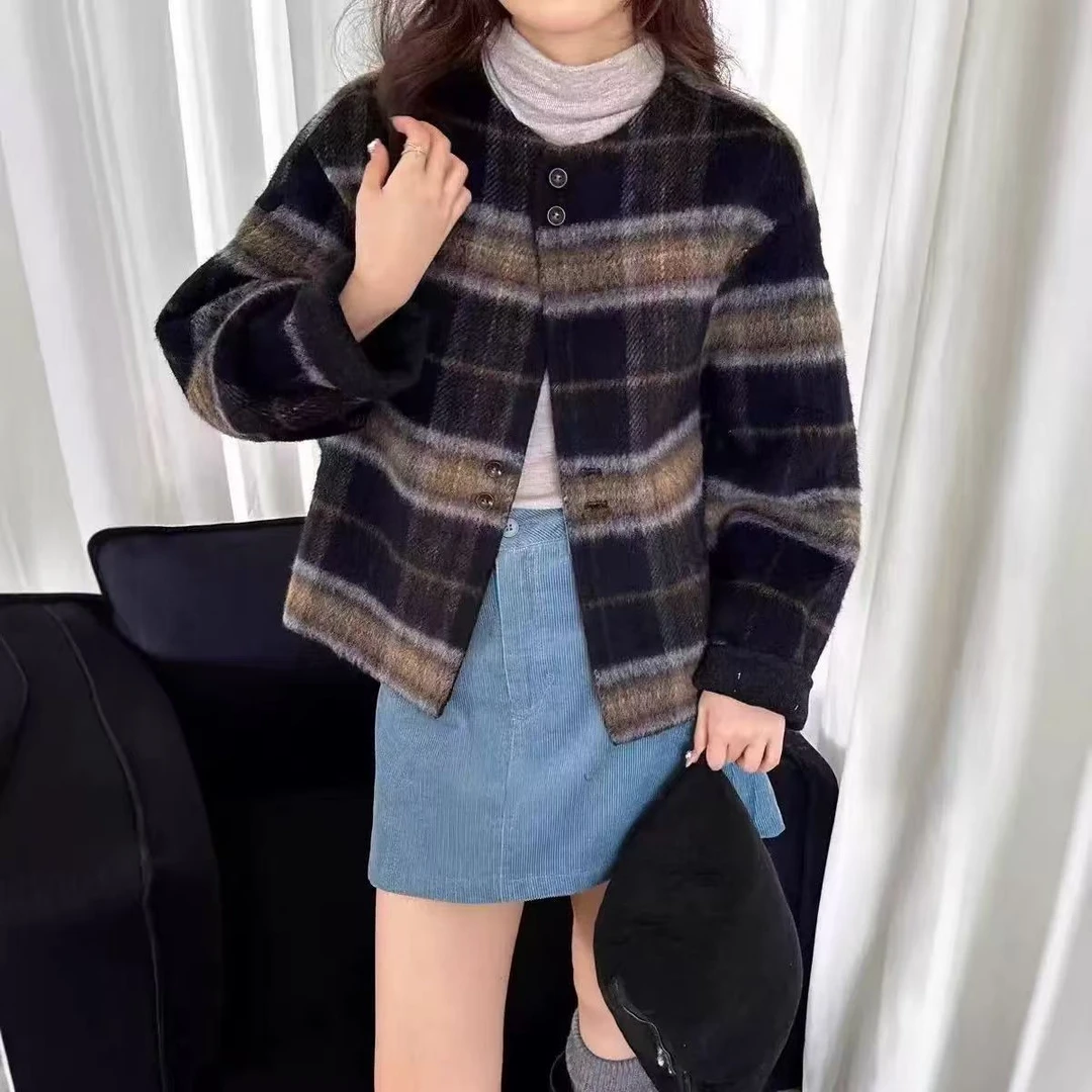 韩系格子圆领双面羊毛大衣女短款2025秋冬新款小个子羊毛呢外套上