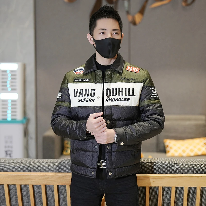 冬季时尚潮流百搭潮流撞色羽绒服男机车风设计款修身帅气翻领外套