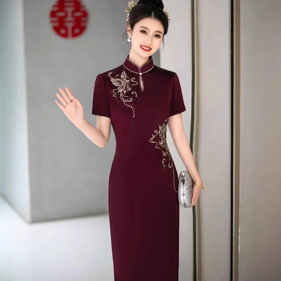 喜婆婆婚宴装新款春季高定醋酸旗袍连衣裙高贵喜妈妈婚宴礼服服装