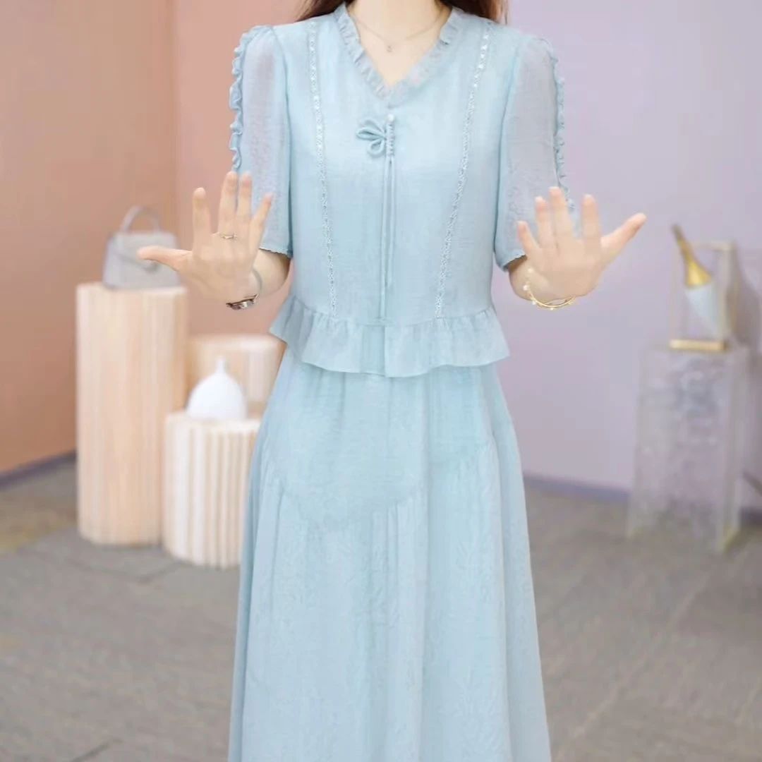 夏季短袖连衣裙2025新款时尚轻奢减龄假两件显瘦遮肚长裙子3188#