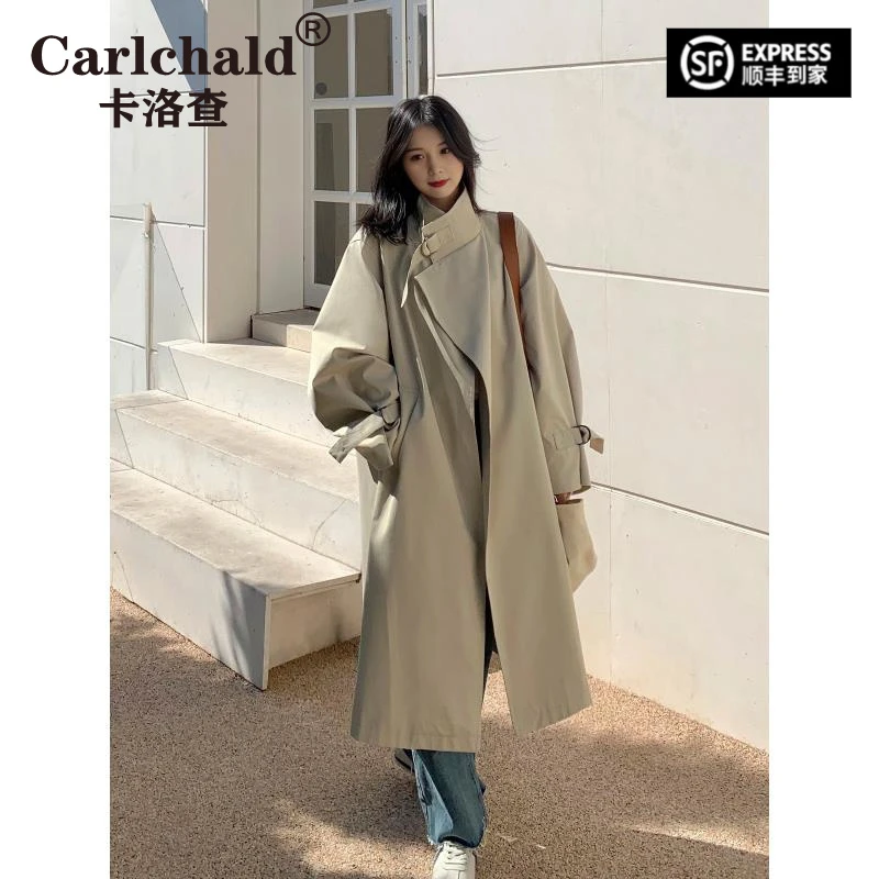 CARLCHALD卡洛查中长款风衣外套女2025早秋新款宽松慵懒复古大衣