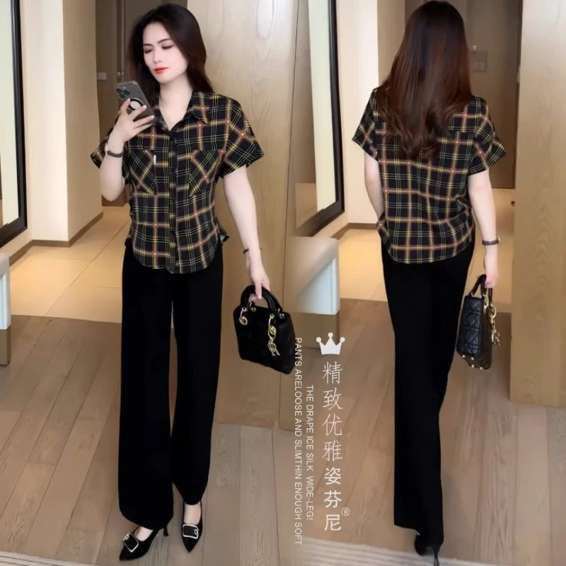 复古时尚格子衬衫女夏季新款洋气遮肉短袖衬衣小个子宽松休闲上衣