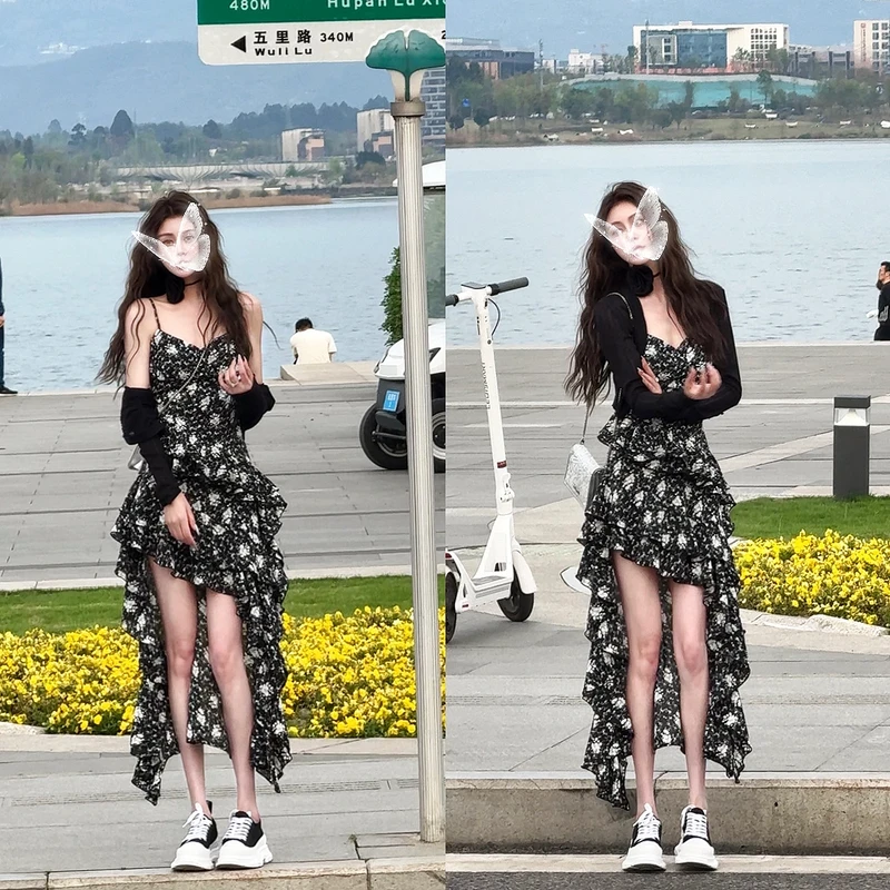 2025年夏季新款不规则气质显瘦长款碎花吊带连衣裙女