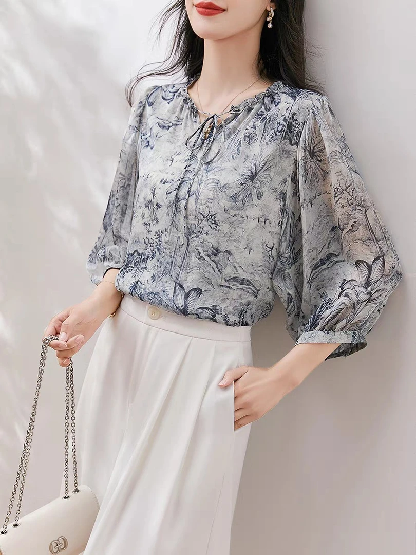 【优柔丝】一缕清雅甜香碎花气质上衣-7079