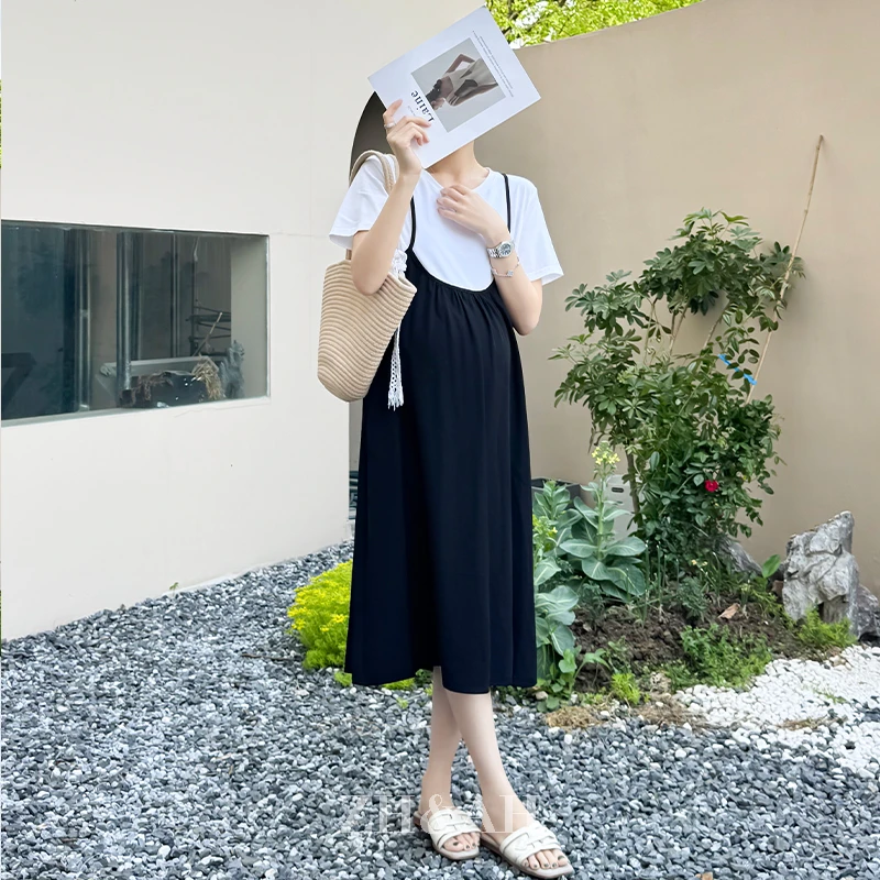 ZH&AH【懒人必备】夏季新款时尚气质百搭孕期撞色设计假两件吊带裙