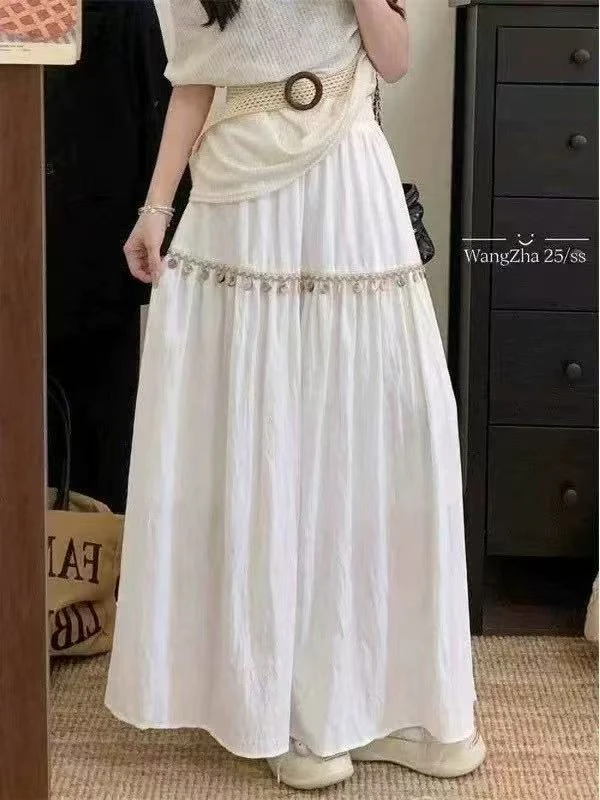 小雅姐赫本风优雅贝壳挂饰花边拼接压绉下摆松紧腰花苞半身裙N001