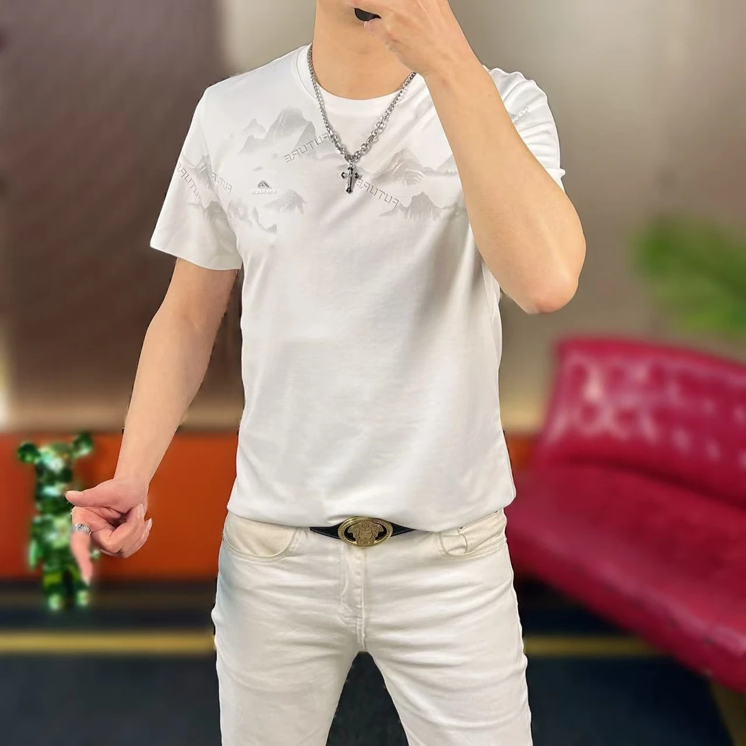 大奔哥夏季新品薄款修身男士百搭轻奢时尚高弹无痕短袖圆领T恤