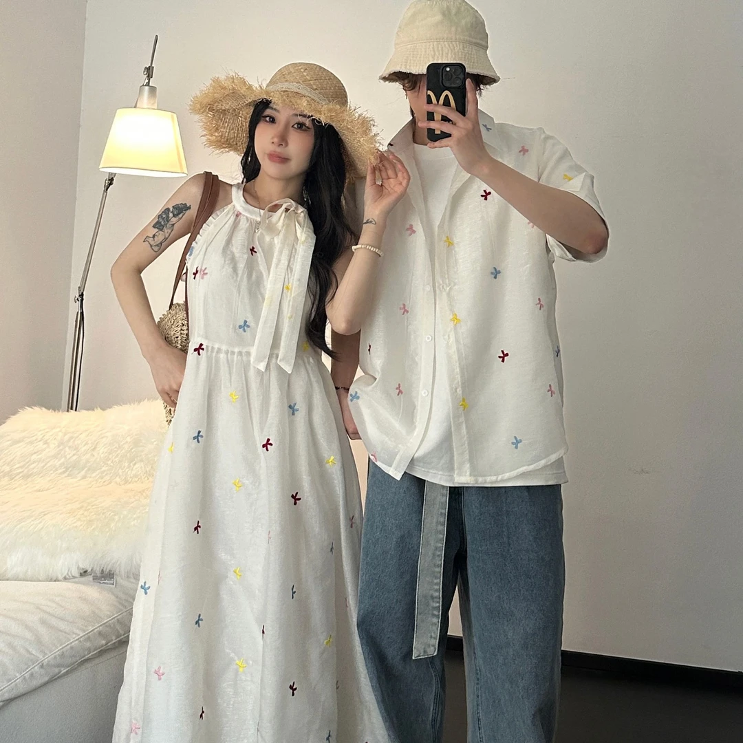 情侣装夏季小众设计感仙女风法式收腰显瘦女神碎花裙男短袖衬衫潮