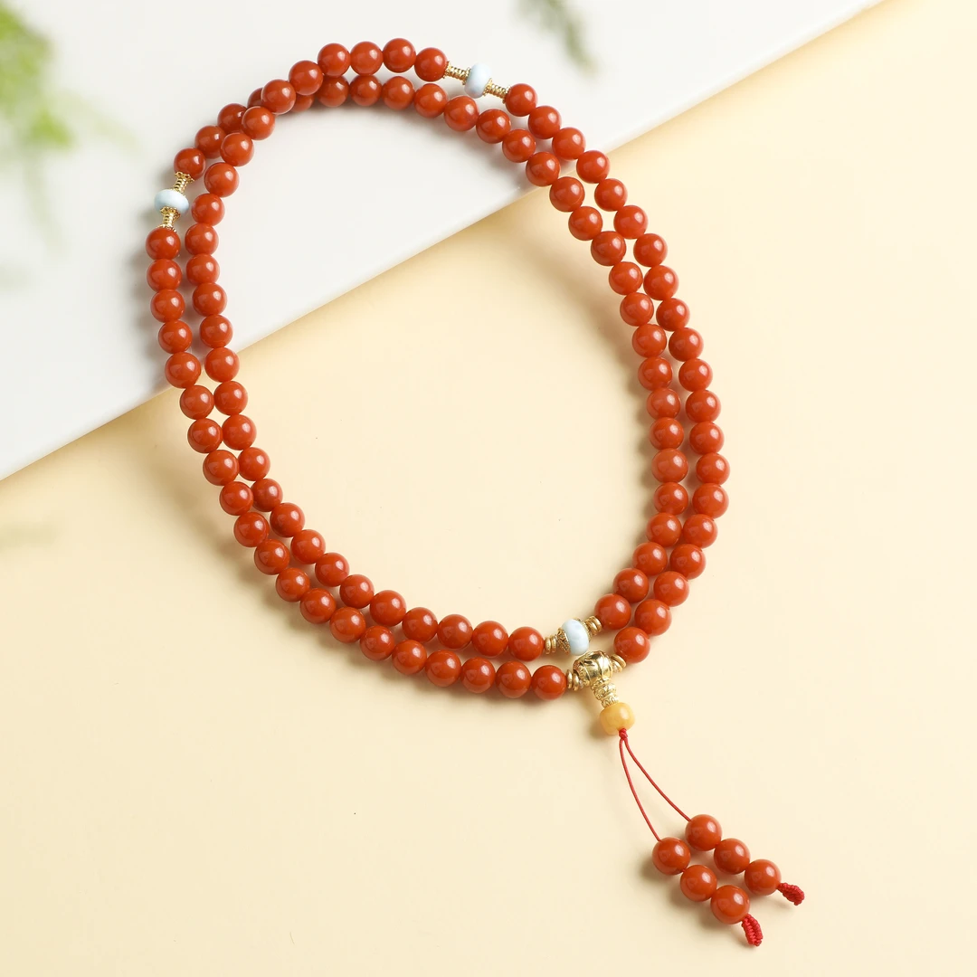 保山五岔路南红海纹石108项链