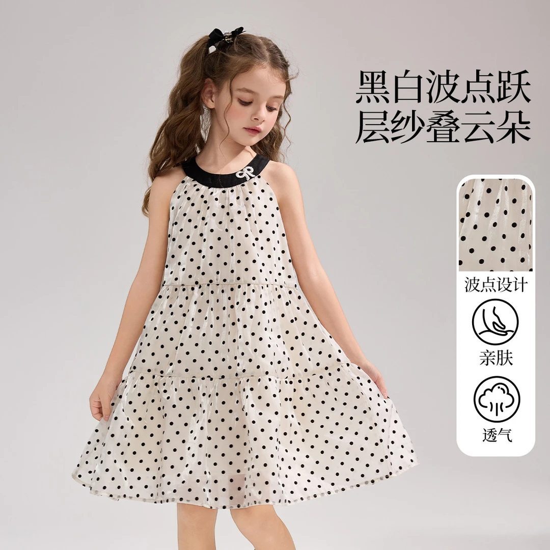 ASK JUNIOR女童裙子2025夏装青少年波点公主裙休闲午休儿童连衣裙