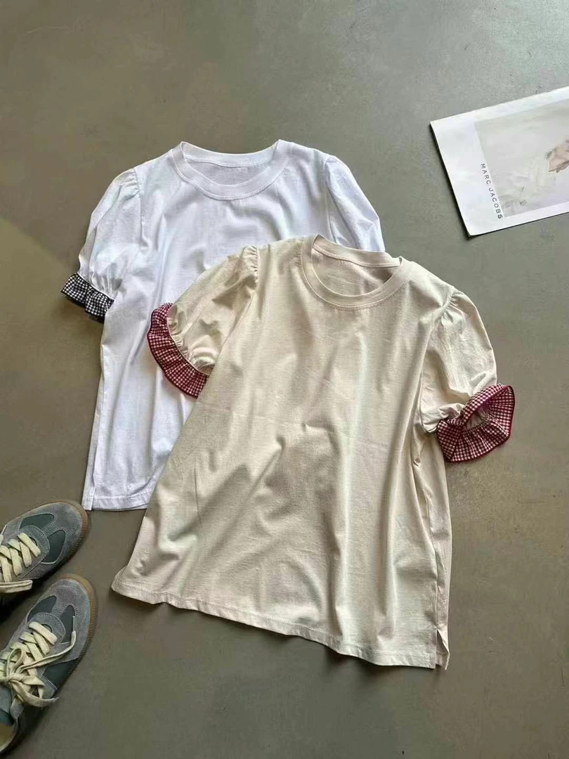 速干拼接纯色抗起球宽松型T恤法式修身型短袖纯棉常规款7543