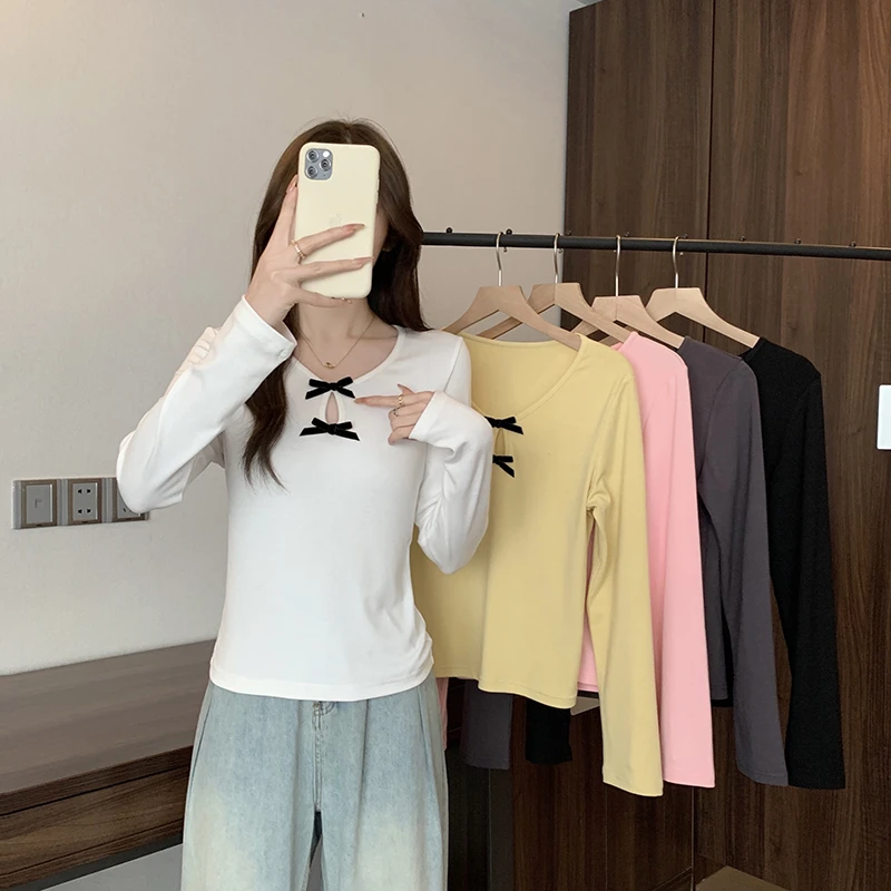 ONL33509春装新款百搭修身蝴蝶结长袖打底T恤上衣-ONL33509