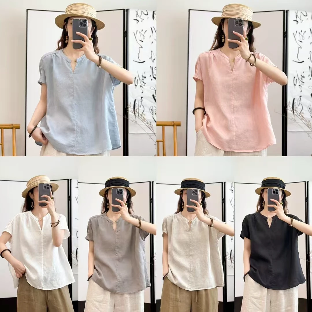 YM8018【100%进口亚麻】小V领复古文艺立体剪裁精致小衫