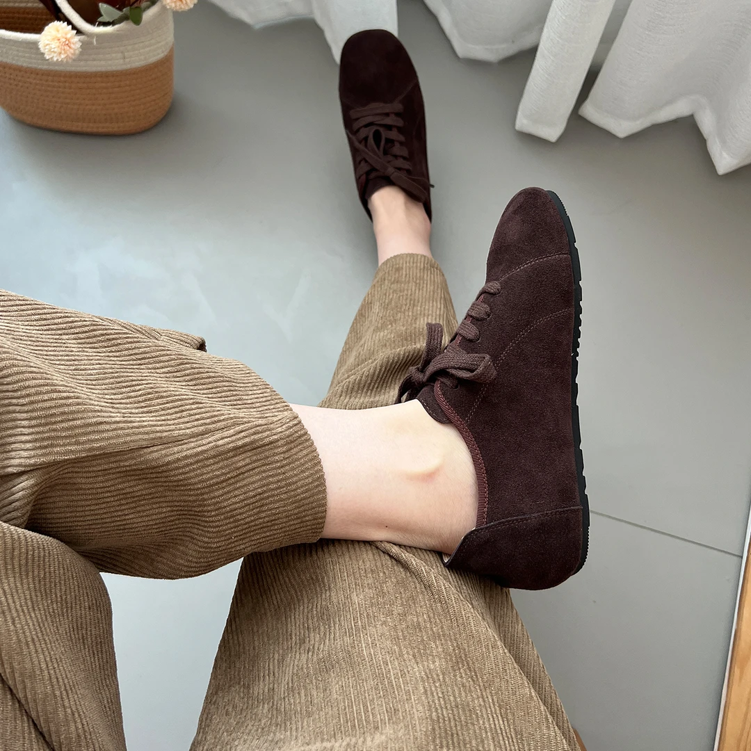 林印象真皮女鞋绒面平底休闲单鞋复古咖啡色系带德训鞋轻便运动鞋