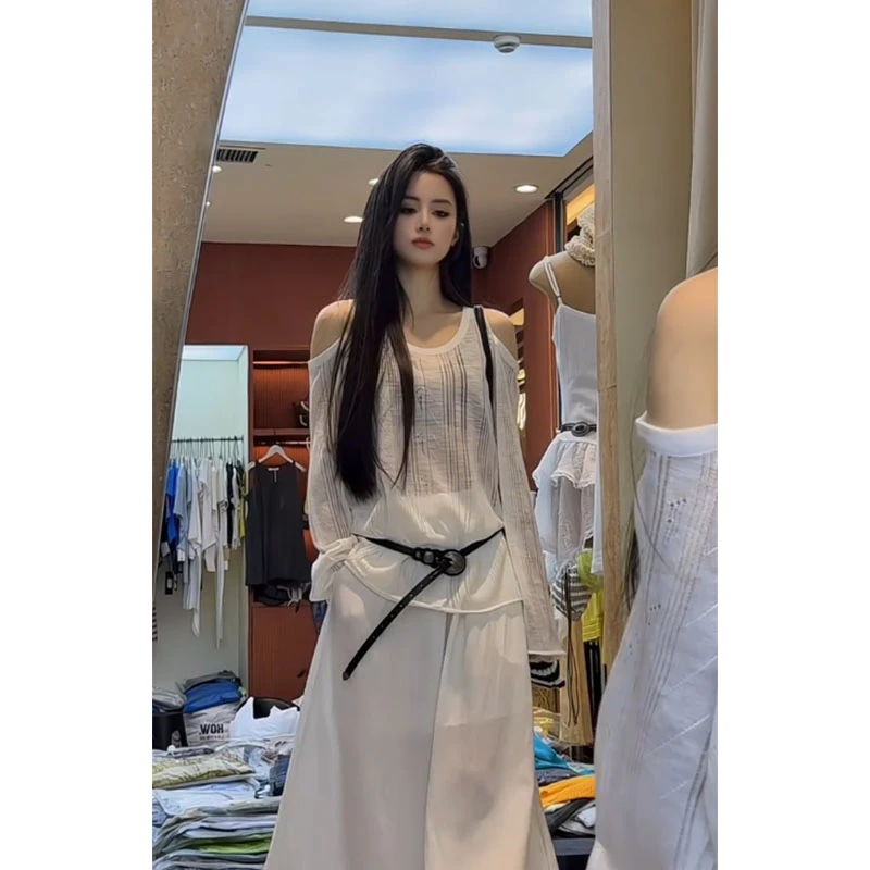 夏季新款薄款休闲百搭露肩高级洋气长袖上衣高腰a字宽松半身裙女