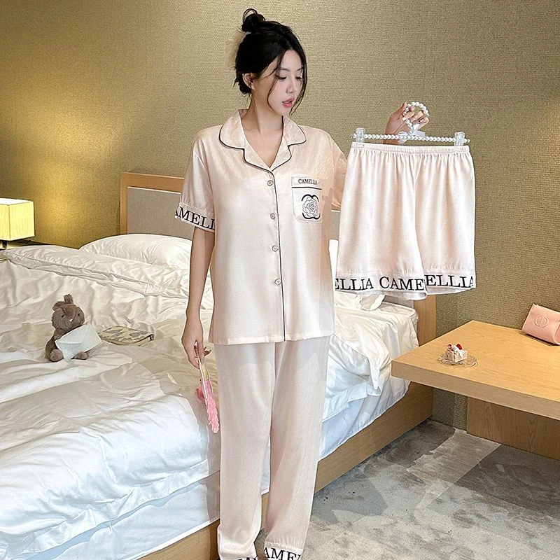 带胸垫冰丝凉感睡衣女夏季新款小香风冰雪软丝家居服三件套可外穿