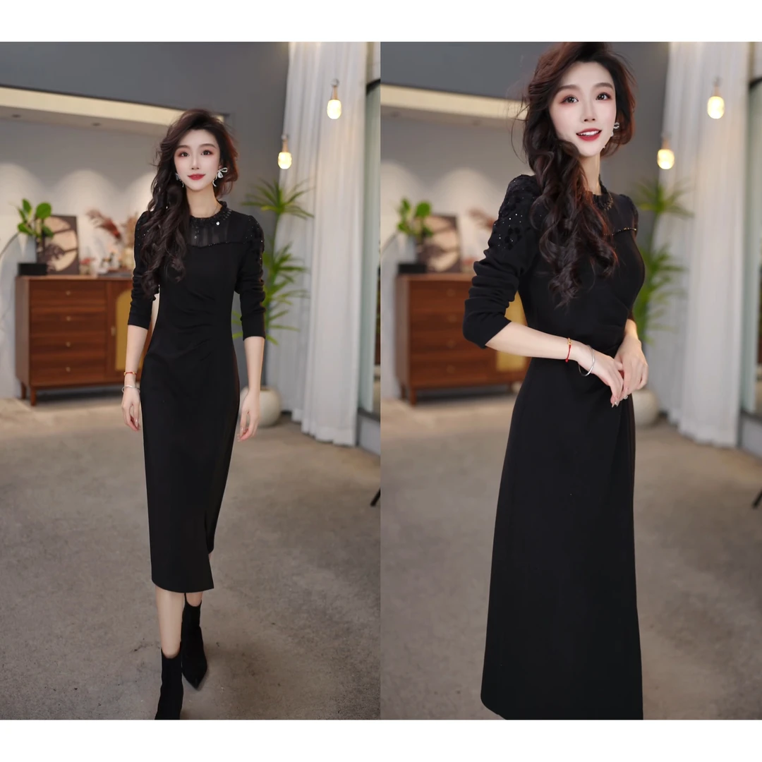 2025冬款黑色精致镂空拼接收腰显瘦修身名媛中长款连衣裙M-4XL