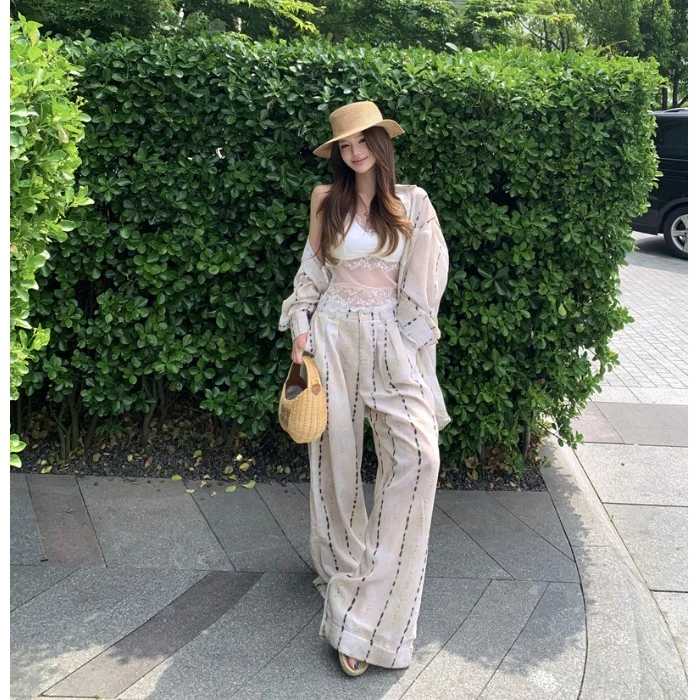 老钱风套装气质条纹长袖衬衫外套上衣女夏季高腰休闲阔腿裤两件套