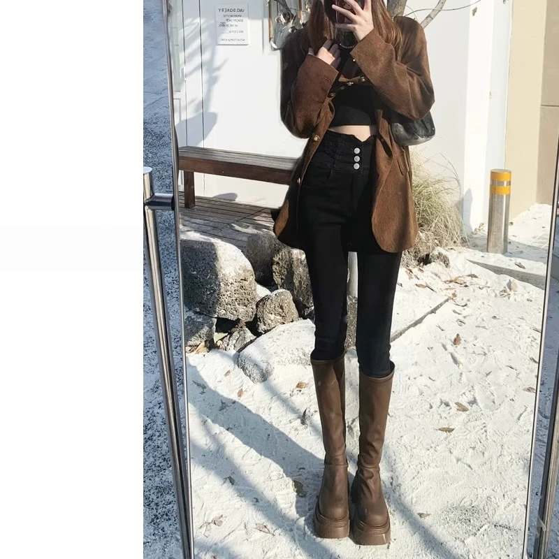 拉夏贝尔黑色加绒紧身小脚牛仔裤女2025新款冬季弹力超高腰铅笔裤