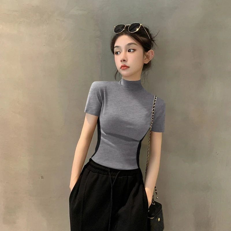 春夏新款螺纹拼色短袖t恤女修身半高领打底衫撞色内搭收腰上衣潮