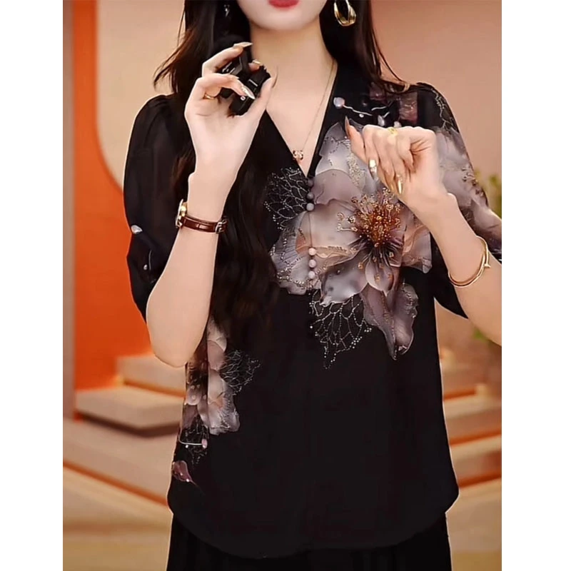 5535大码短袖上衣2025夏季新款黑色遮肉显瘦小衫洋气印花妈妈女装