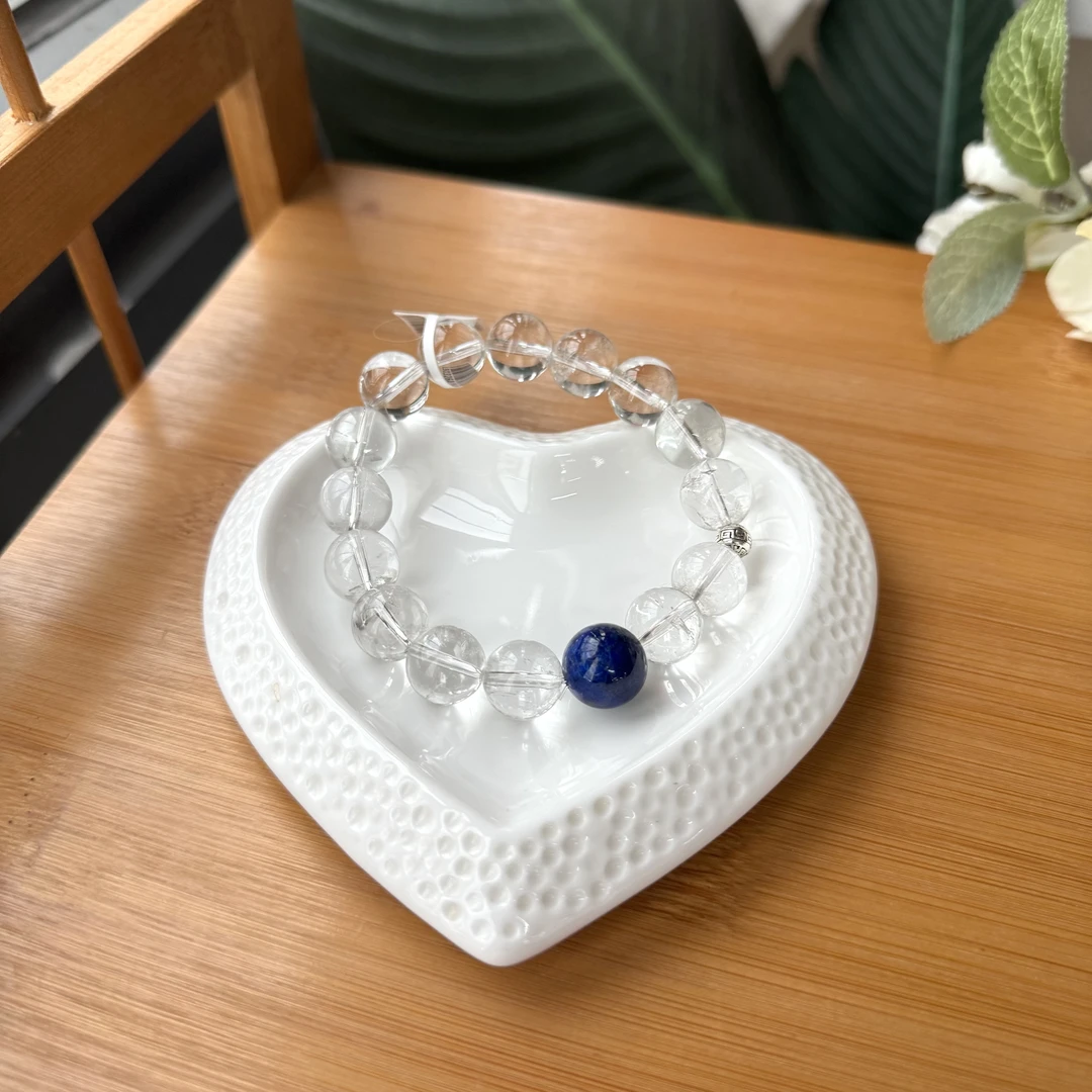 【珠宝厂长】白水晶圆珠约11.5mm+青金石圆珠约13mm+银配件手串