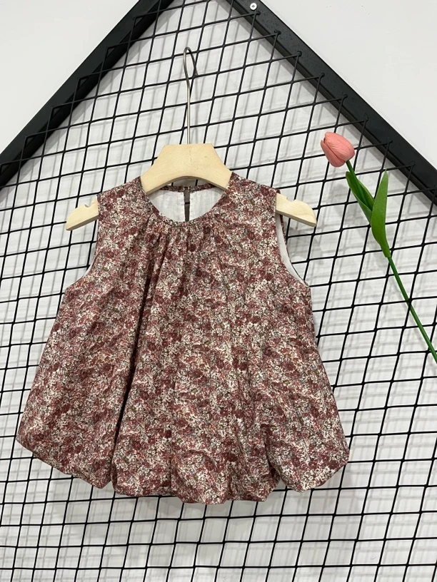 2025新款夏季时尚花板灯笼小上衣女童气质娃娃衫背心裙