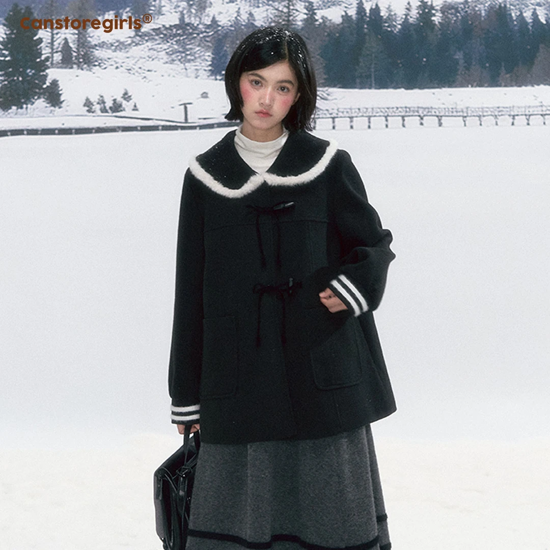 罐头士多所 '旧时光领航员'冬季撞色毛领学院风毛呢短外套半身裙