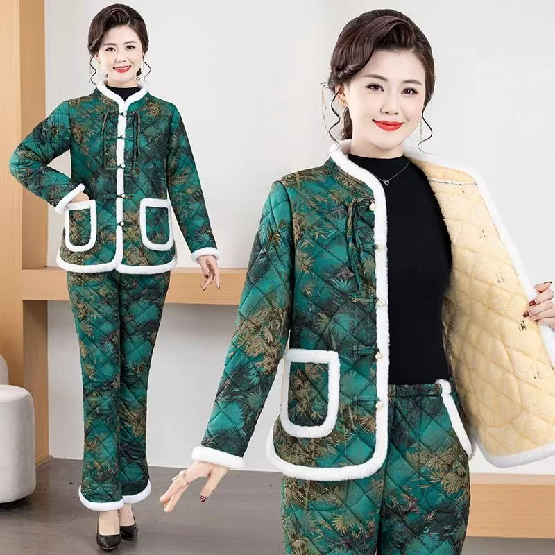 8075-冬季加绒加厚保暖新款套装中老年妈妈装棉袄两件套（新仓库）