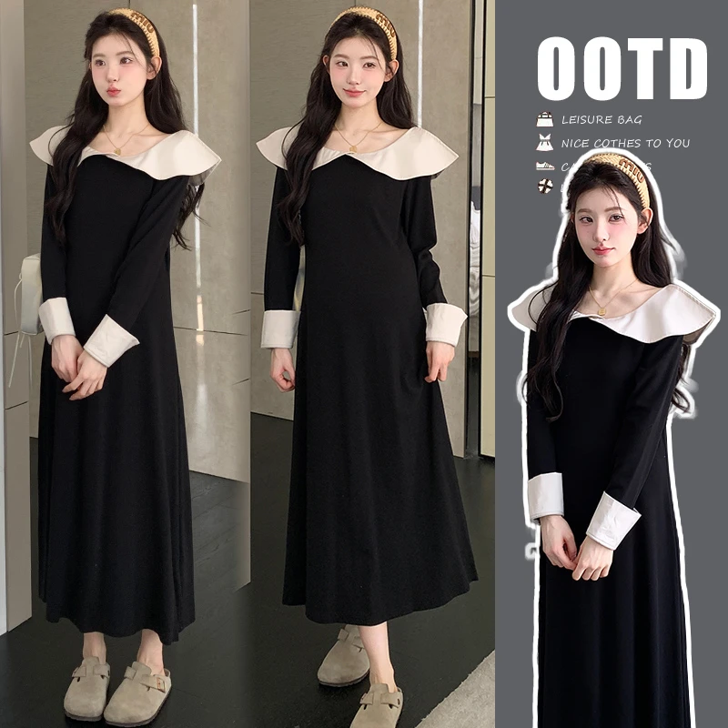 孕妇连衣裙2025新款秋装韩版气质撞色长袖裙子女秋季孕妈高级穿搭