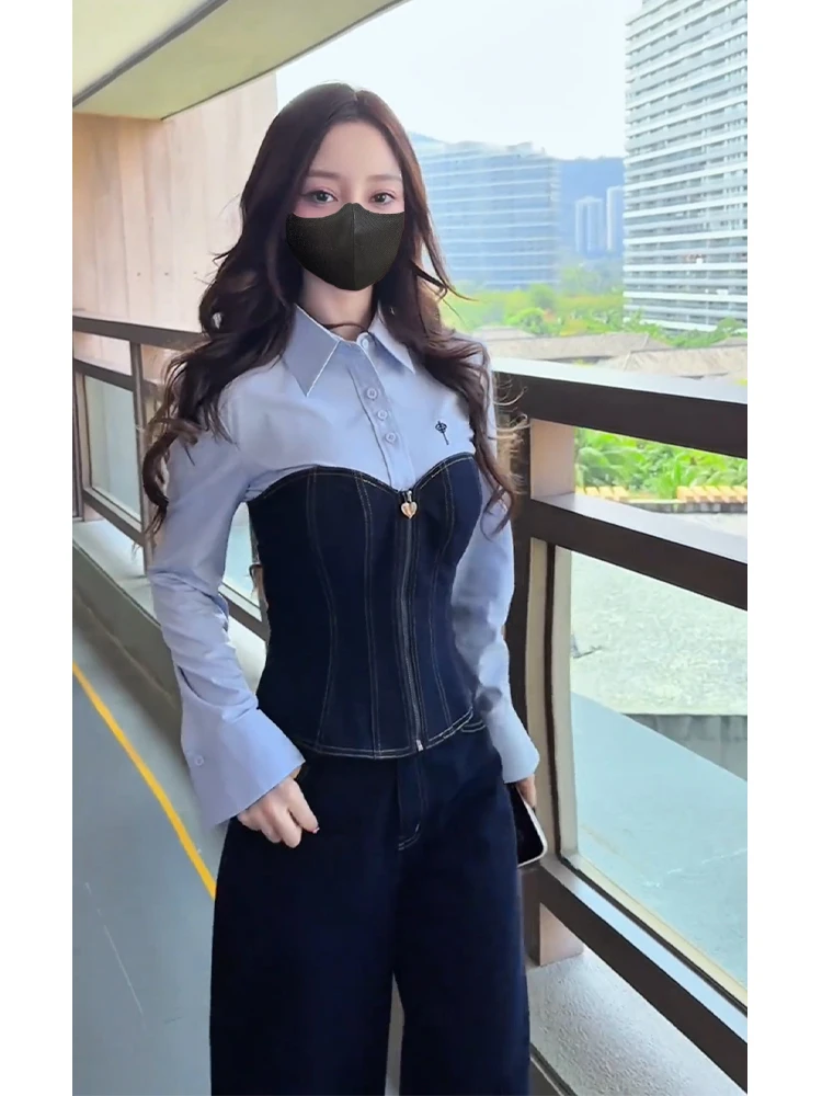 李小璐同款2025年开春新款拼接衬衫高腰牛仔裤套装女高级感两件套