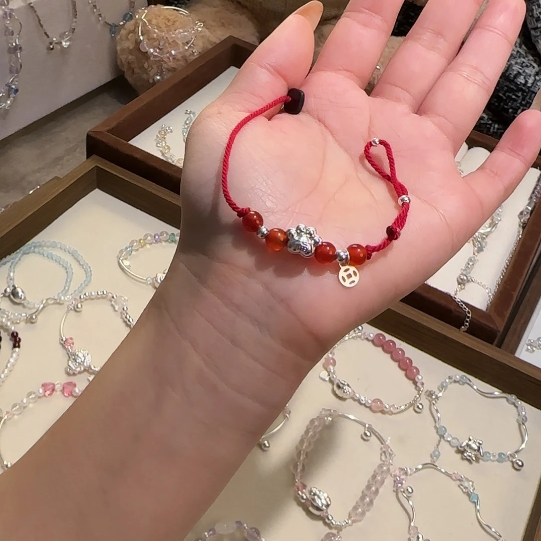 手链银S925镶嵌烟晶猫爪手绳