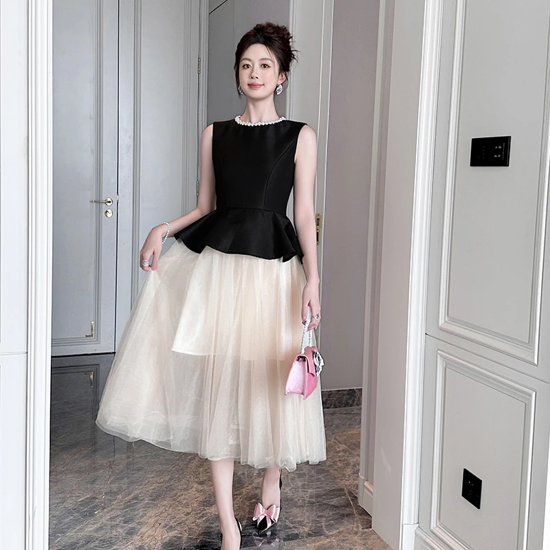 9012 法式名媛小众收腰拼色连衣裙轻奢气质时尚无袖裙子中长款