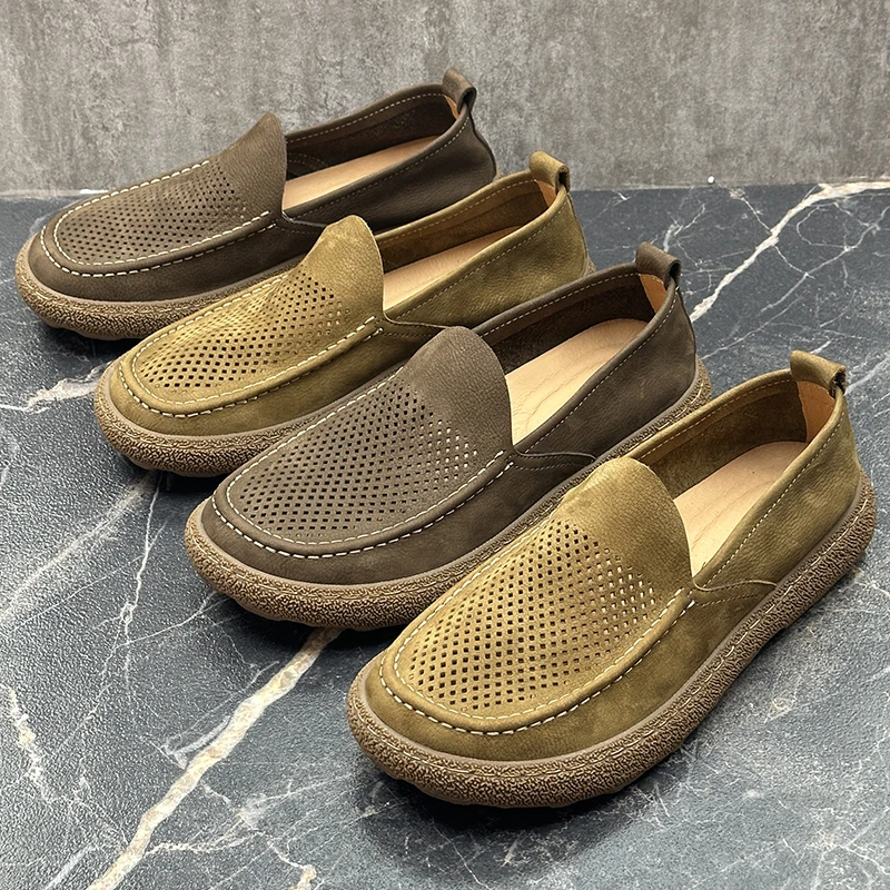 2025新款夏季透气单层牛皮男鞋一脚蹬懒人鞋真皮厚底复古镂空皮鞋