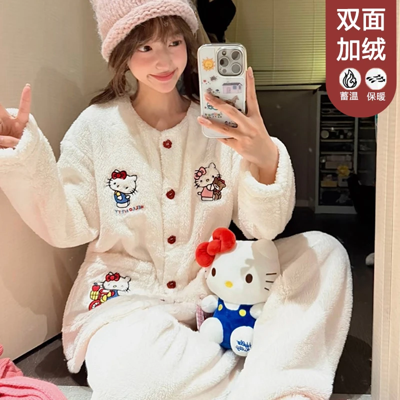 【星】圆领睡衣女冬季可爱KT猫韩系加厚珊瑚绒家居服套装4139