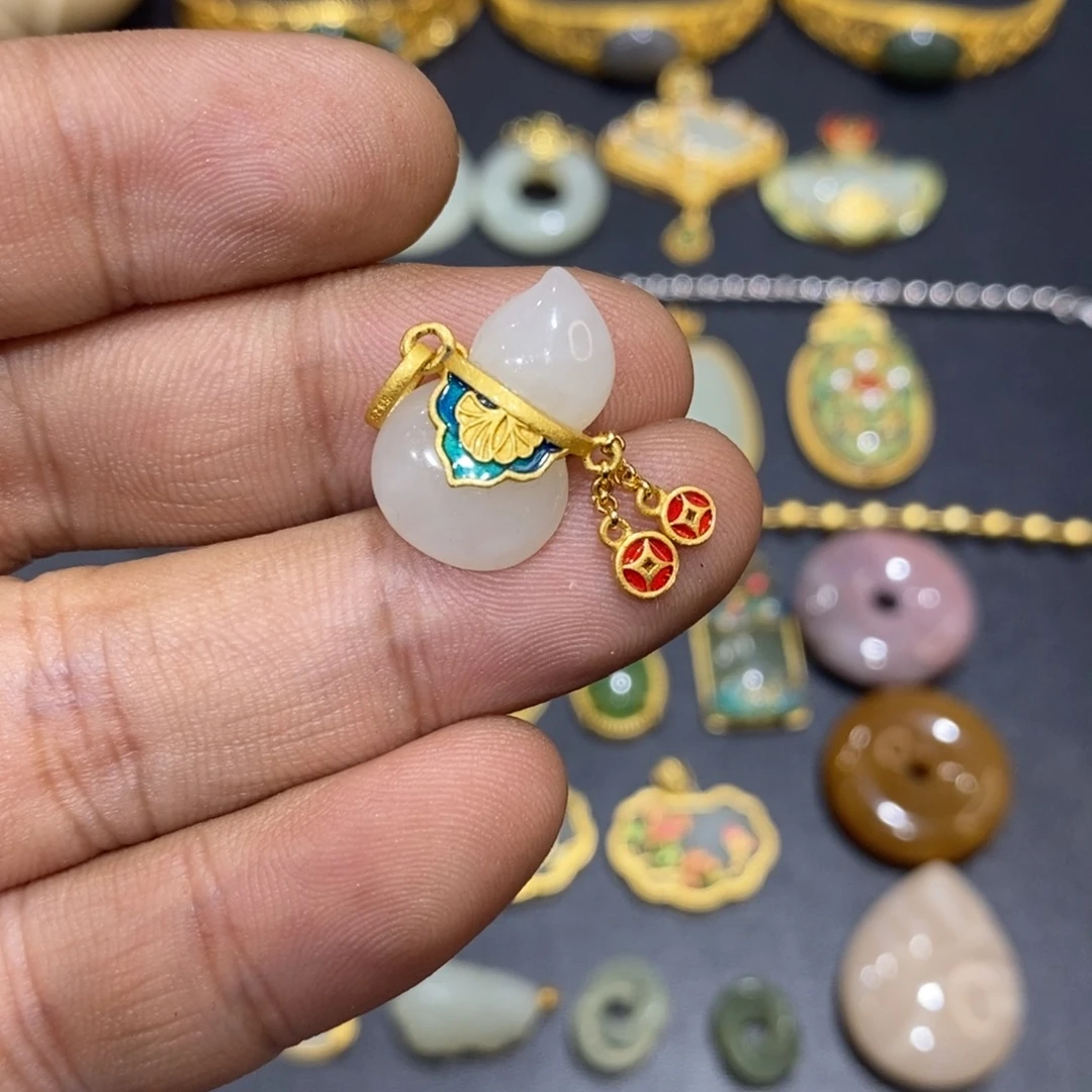 和田玉颈饰银S925镀金镶嵌