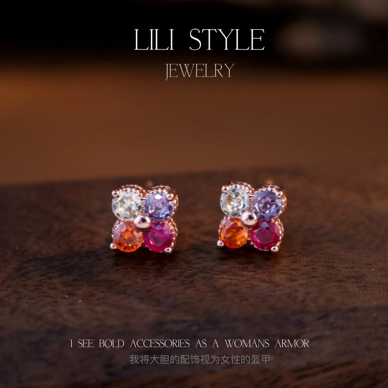 铜合金耳饰 精致彩色四叶草耳钉女独特小众高级感耳环耳饰品K226