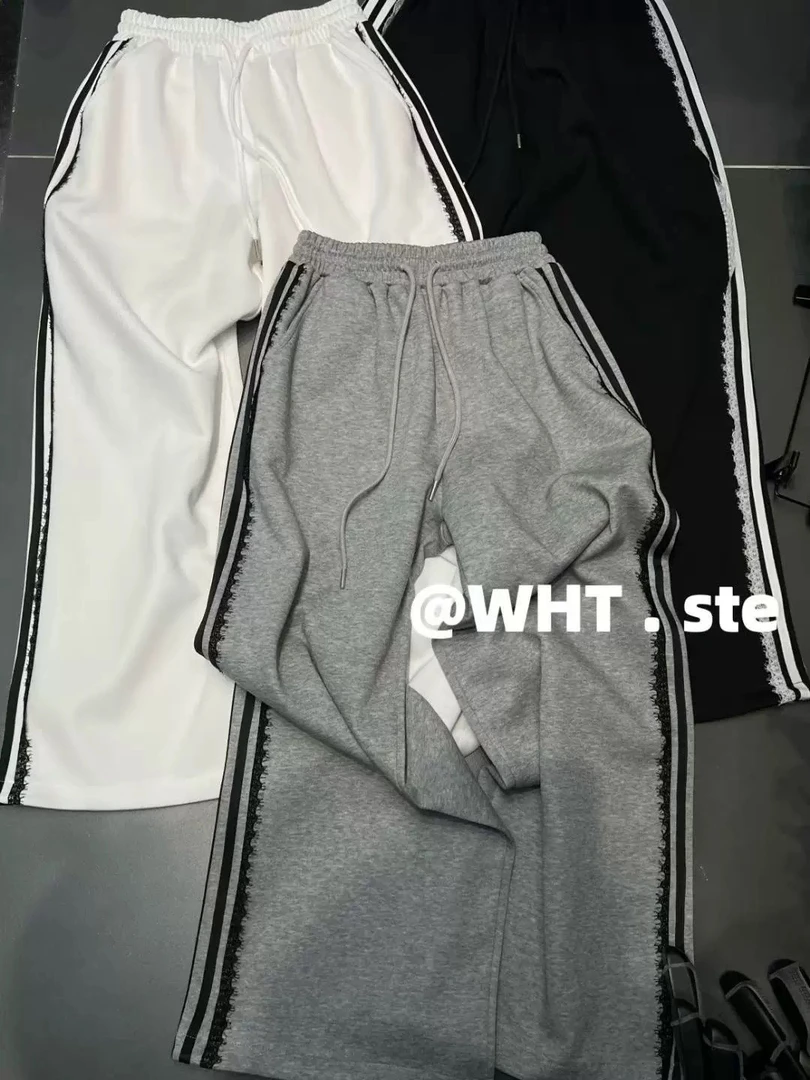 WH JIA春季韩版拼接蕾丝花边织带阔腿休闲裤女百搭显瘦束脚长裤子