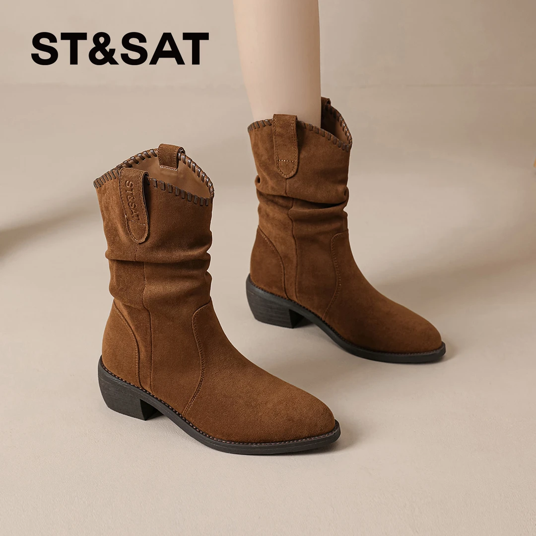 星期六褶皱堆堆靴女款2025秋冬新款休闲百搭粗跟时尚显瘦短筒靴子
