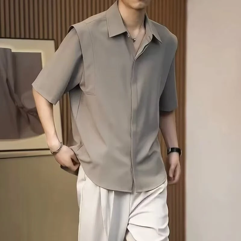 冰丝短袖衬衫男夏季轻熟风暗扣五分袖韩版潮流高级垂感中袖衬衣男