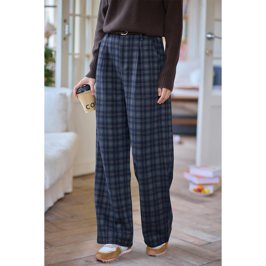 红念蓝色格子直筒裤休闲裤女2025年冬季新款百搭气质阔腿裤长裤子