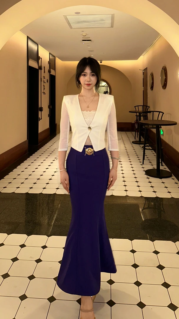 SHABA/莎芭单件轻奢黑色/紫色高腰鱼尾半身裙后开叉包臀修身时尚