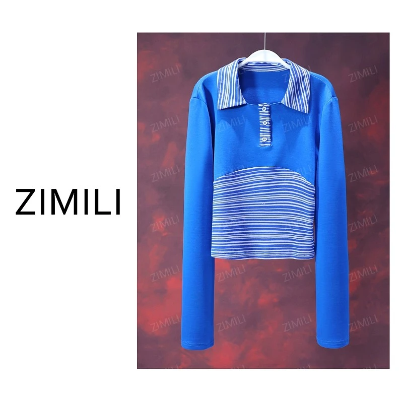 【亮哥女装】2025欧版条纹撞色拼接POLO领蓝色轻奢打底上衣9901