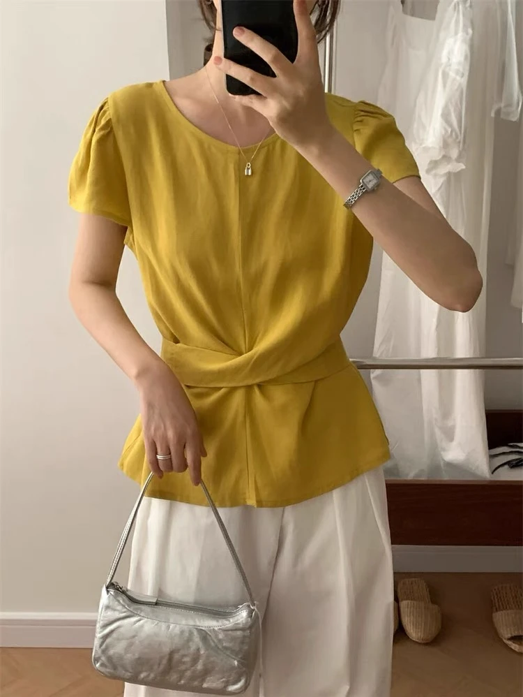 (XI ZI女装）7199韩系夏季法式气质交叉绑带设计感短袖衬衣