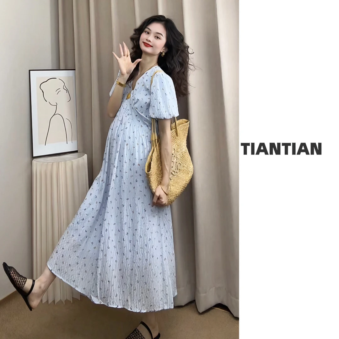 【恬恬】孕妇夏装中长款宽松韩版碎花孕妇装连衣裙#7866