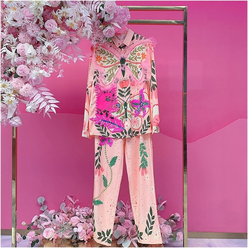 A2939欧美设计师2025秋季新款重工刺绣亮片花休闲时尚衬衫套装女