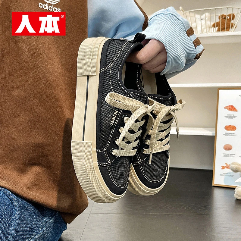 人本2025新款夏季低帮春季硫化系带百搭帆布鞋黑色女鞋学生板鞋